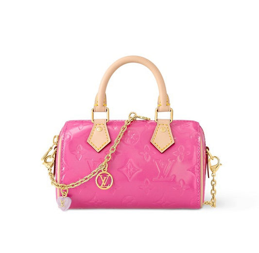 Louis Vuitton Nano Speedy Monogram Vernis Pink Patent Leather Bag with Chain Strap