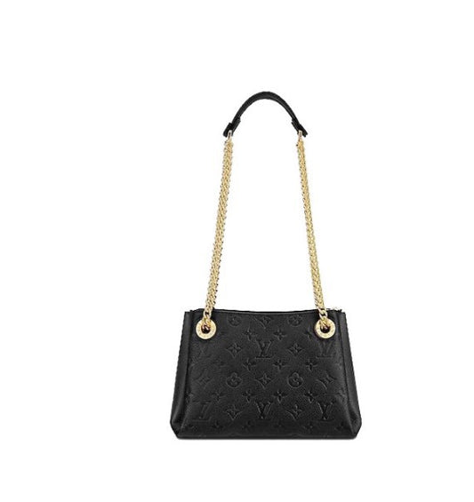 Black Embossed Leather Shoulder Bag with Gold-Tone Chain Strap