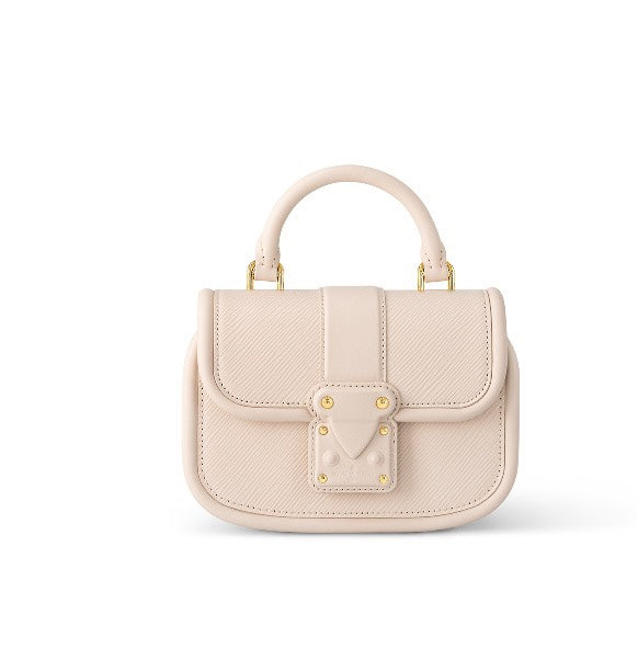 Elegant Beige Leather Micro Top Handle Bag with Gold Hardware