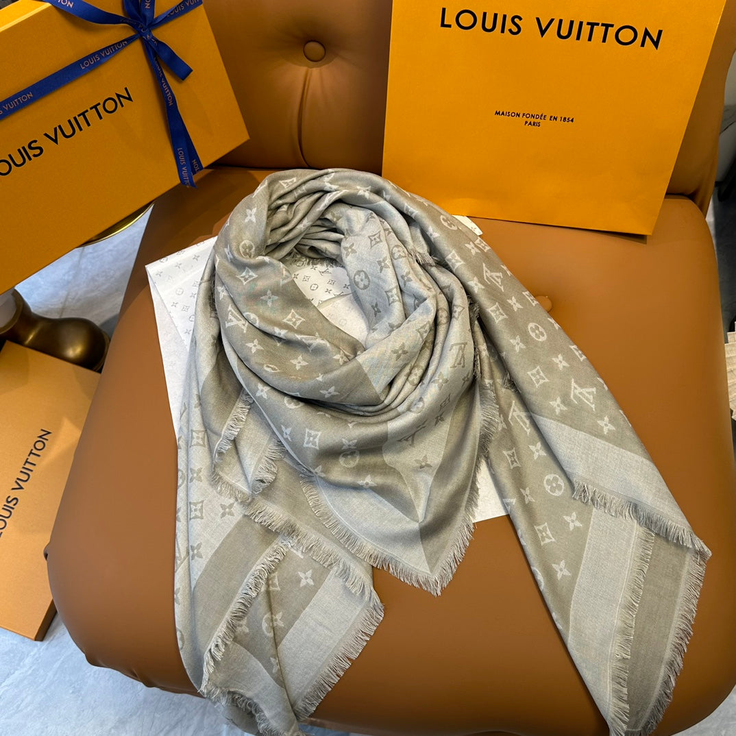 Women's Luxury Monogram Print Shawl Scarf - Large Grey &amp; Beige Pashmina Style Wrap with Fringed Edges