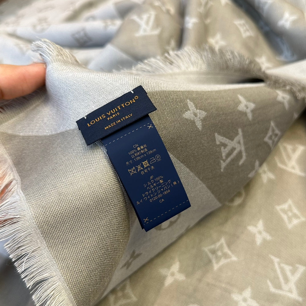 Women's Luxury Monogram Print Shawl Scarf - Large Grey &amp; Beige Pashmina Style Wrap with Fringed Edges