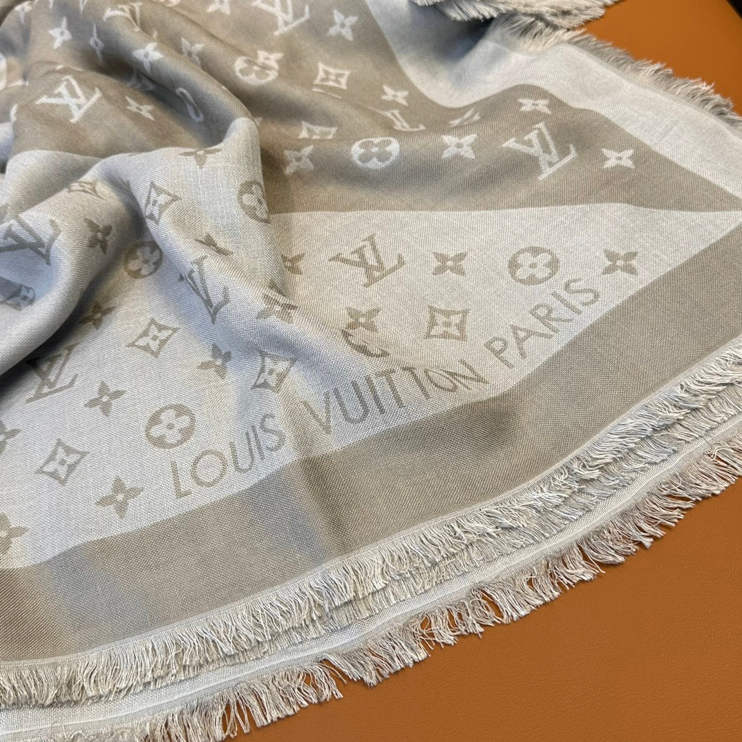 Women's Luxury Monogram Print Shawl Scarf - Large Grey &amp; Beige Pashmina Style Wrap with Fringed Edges