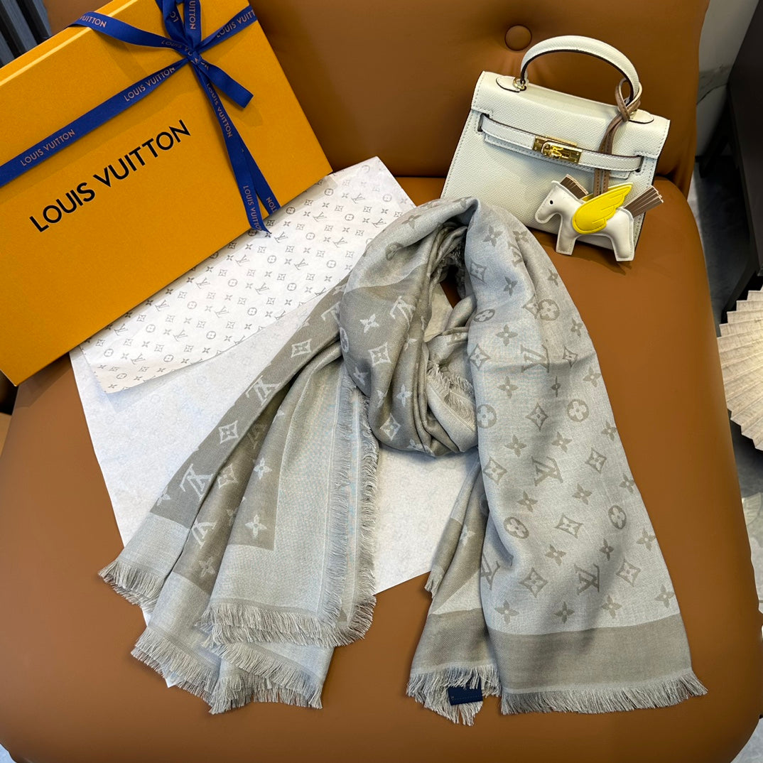 Women's Luxury Monogram Print Shawl Scarf - Large Grey &amp; Beige Pashmina Style Wrap with Fringed Edges