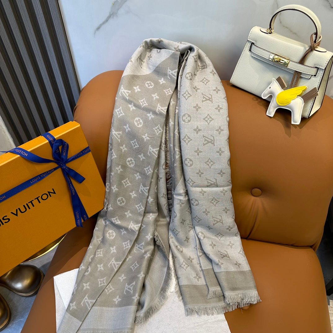Women's Luxury Monogram Print Shawl Scarf - Large Grey &amp; Beige Pashmina Style Wrap with Fringed Edges