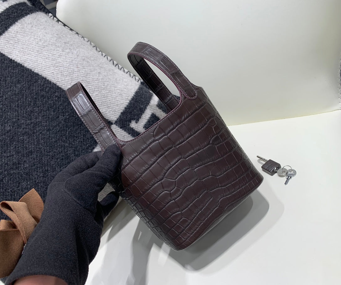 Luxury Small Brown Crocodile-Embossed Leather Bucket Bag with Lock and Key