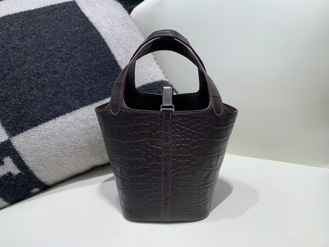 Luxury Small Brown Crocodile-Embossed Leather Bucket Bag with Lock and Key