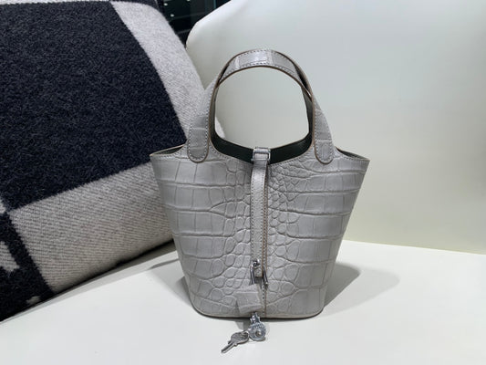 Luxury Crocodile Embossed Leather Bucket Bag - Light Grey Top Handle Tote