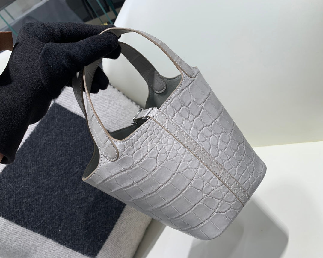 Luxury Crocodile Embossed Leather Bucket Bag - Light Grey Top Handle Tote