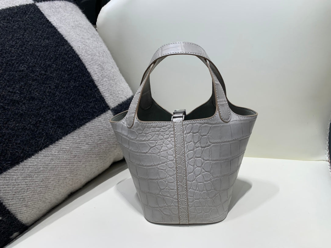 Luxury Crocodile Embossed Leather Bucket Bag - Light Grey Top Handle Tote