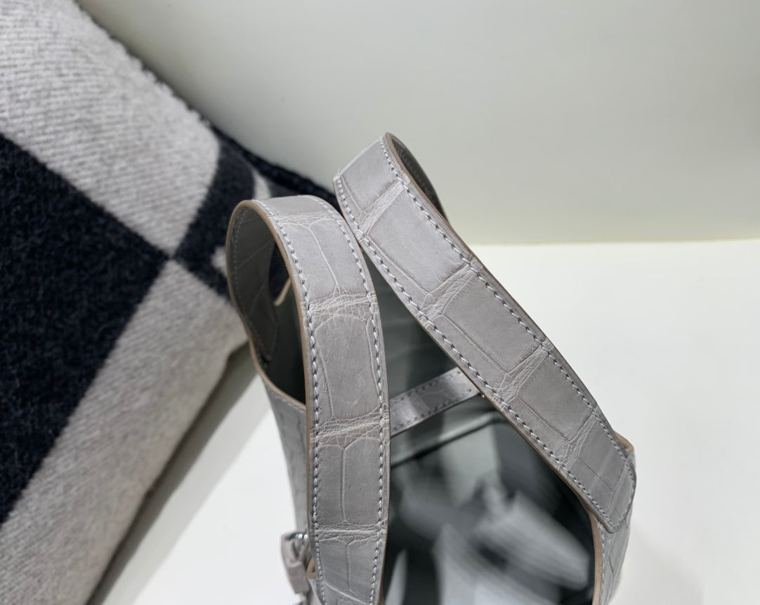 Luxury Crocodile Embossed Leather Bucket Bag - Light Grey Top Handle Tote