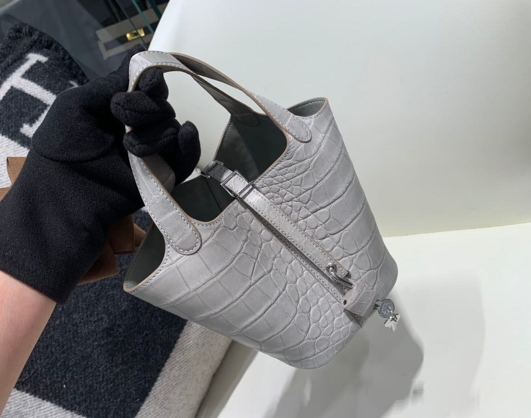 Luxury Crocodile Embossed Leather Bucket Bag - Light Grey Top Handle Tote