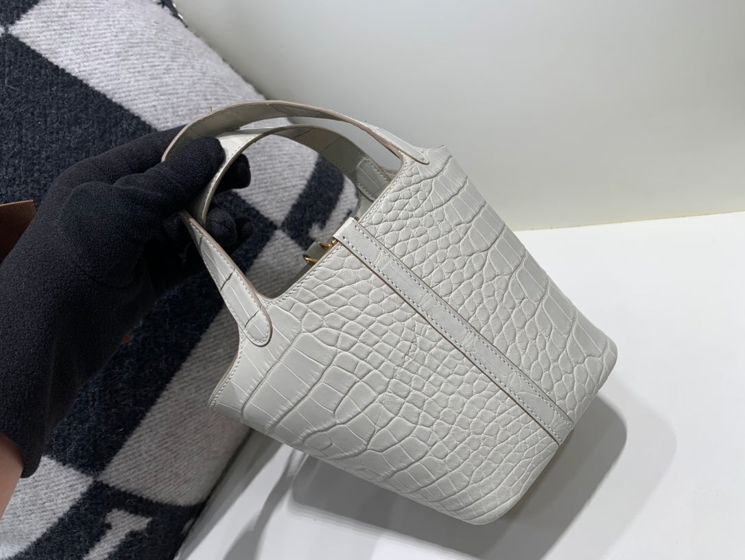 Crocodile Embossed Mini Bucket Handbag with Gold Lock - Cream