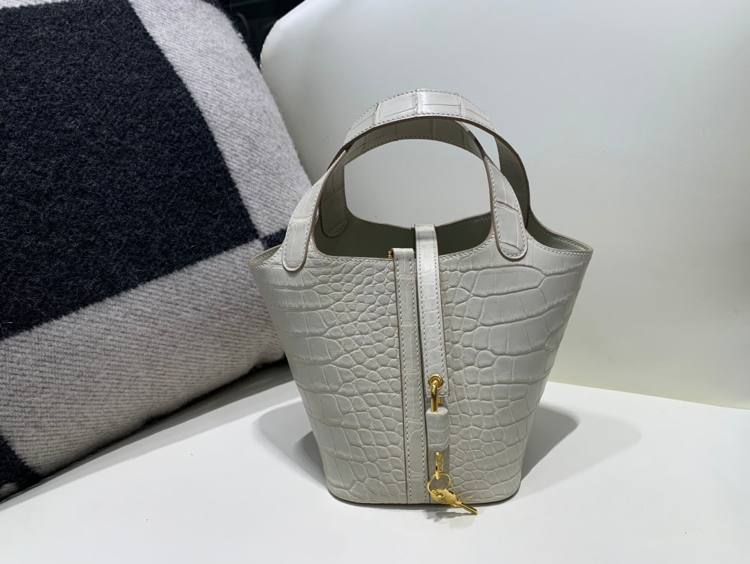 Crocodile Embossed Mini Bucket Handbag with Gold Lock - Cream