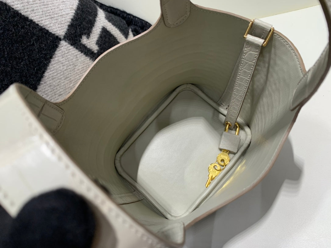Crocodile Embossed Mini Bucket Handbag with Gold Lock - Cream