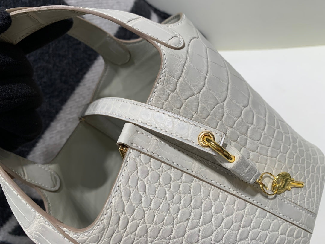 Crocodile Embossed Mini Bucket Handbag with Gold Lock - Cream