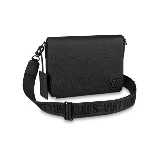 Louis Vuitton Men's Black Leather Messenger Bag - Adjustable Logo Crossbody Strap