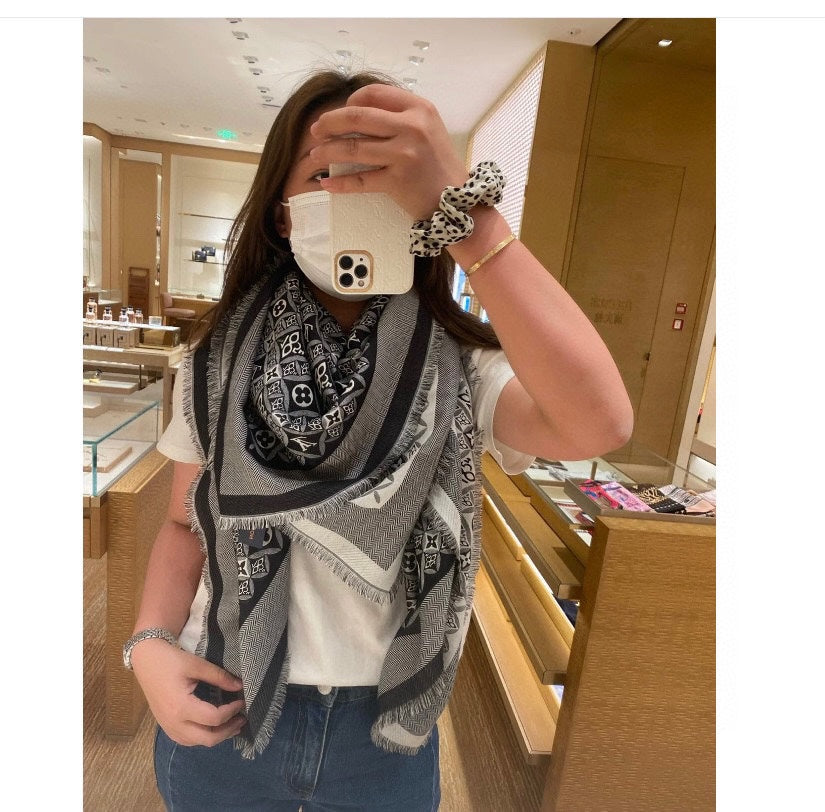 Women's Elegant Patterned Scarf - Large Grey and Black Luxury Inspired Shawl Wrap for Winter and Fall