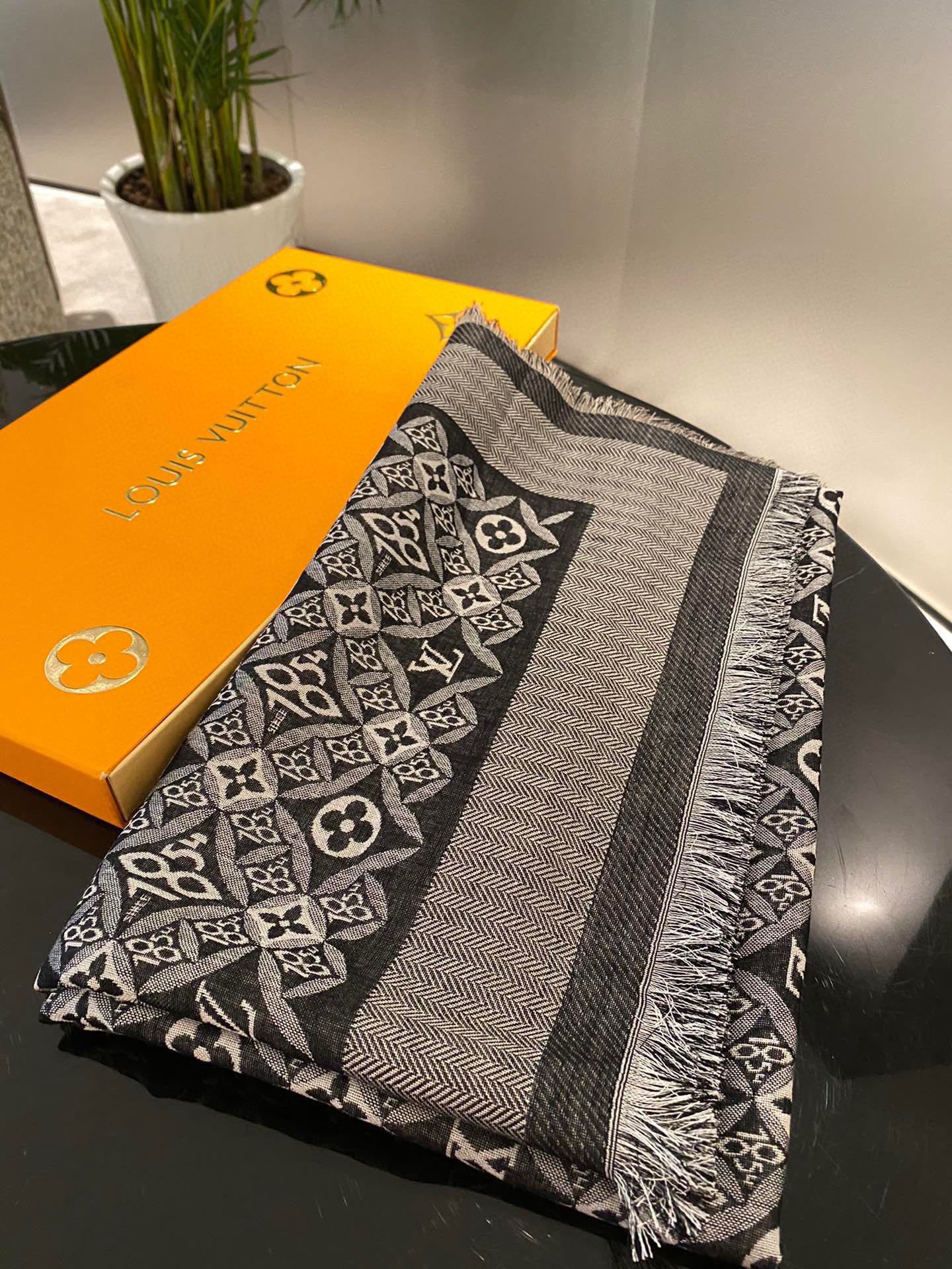Women's Elegant Patterned Scarf - Large Grey and Black Luxury Inspired Shawl Wrap for Winter and Fall