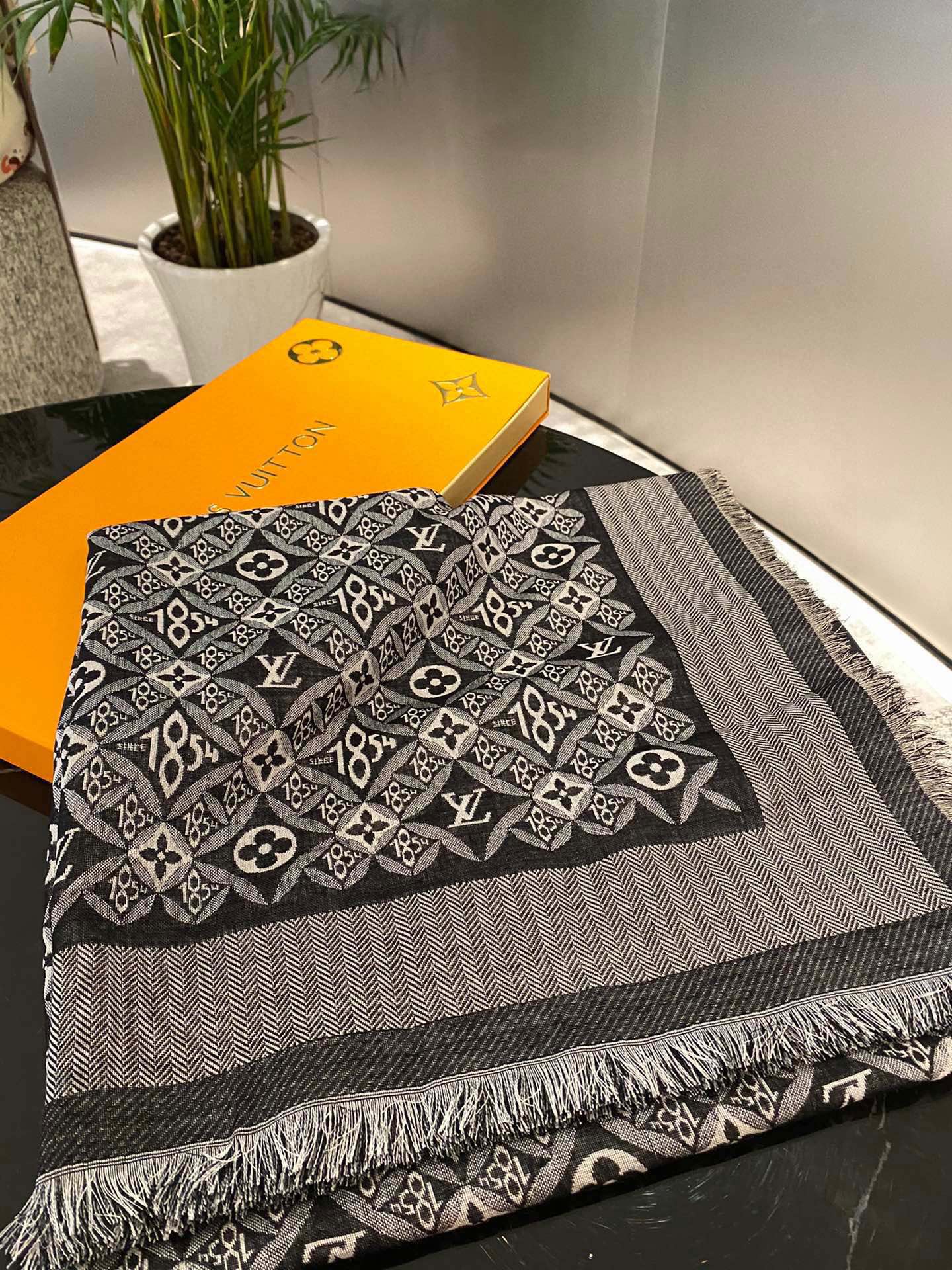 Women's Elegant Patterned Scarf - Large Grey and Black Luxury Inspired Shawl Wrap for Winter and Fall