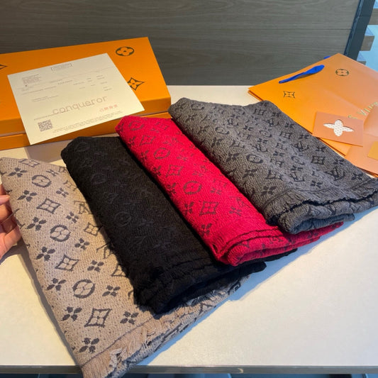 Louis Vuitton Monogram Scarf, Luxury Wool Cashmere Blend Designer Wrap, Classic Signature Pattern, Available in Multiple Colors