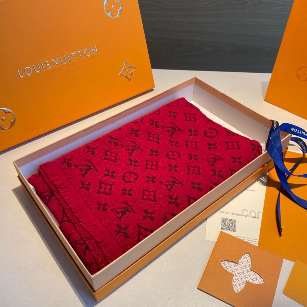 Louis Vuitton Monogram Scarf, Luxury Wool Cashmere Blend Designer Wrap, Classic Signature Pattern, Available in Multiple Colors