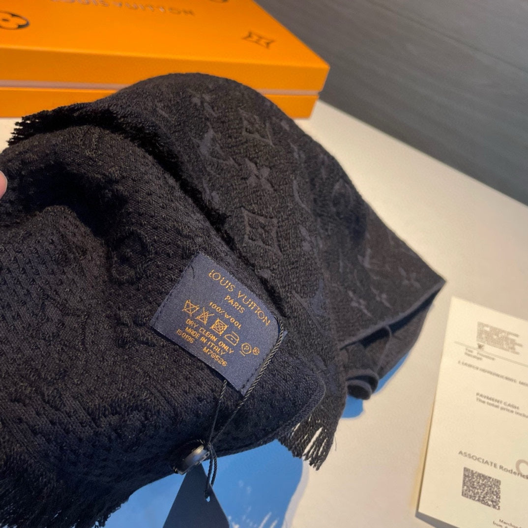 Louis Vuitton Monogram Classic Scarf - Noir Black Luxury Wool and Silk Blend Winter Accessory for Men and Women