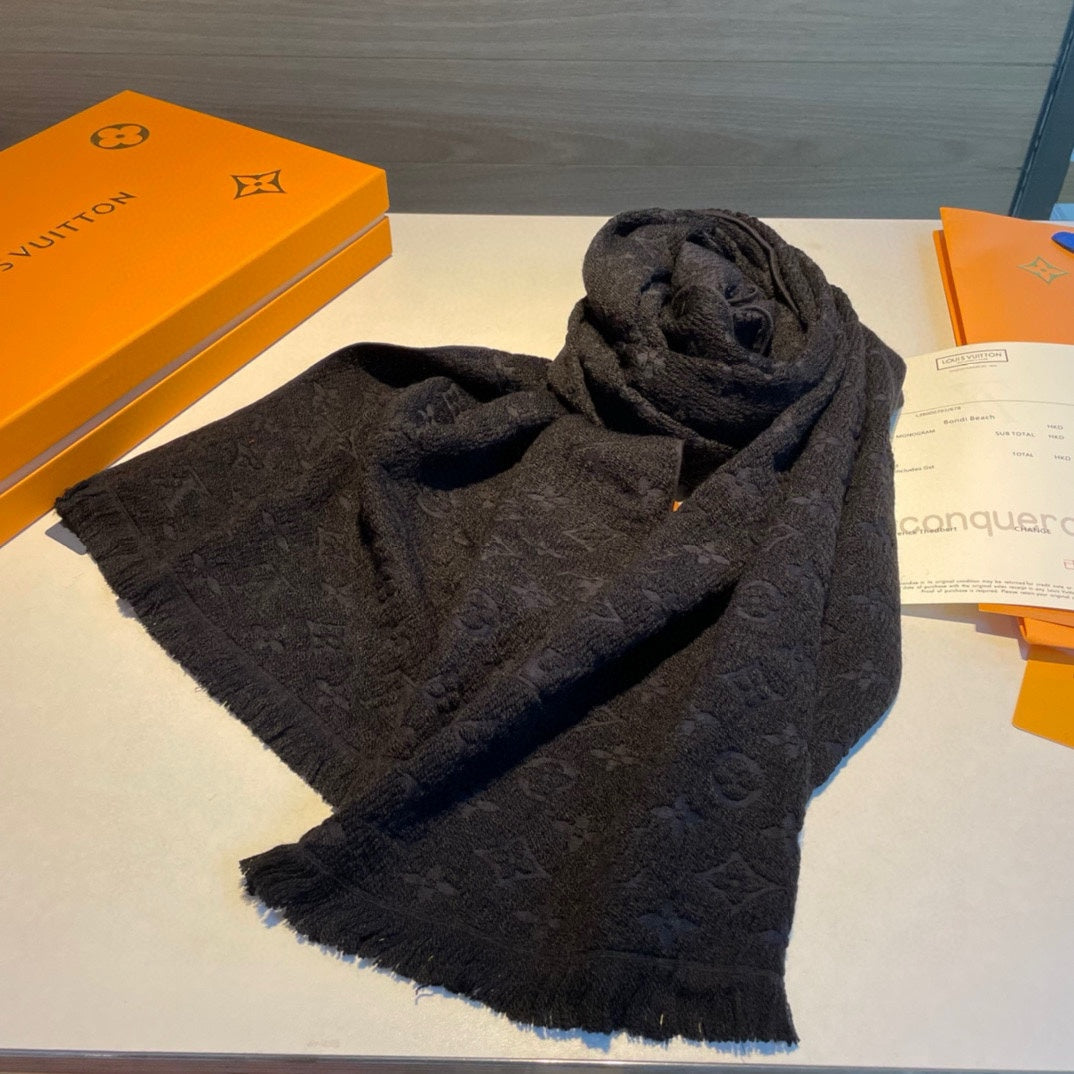 Louis Vuitton Monogram Classic Scarf - Noir Black Luxury Wool and Silk Blend Winter Accessory for Men and Women
