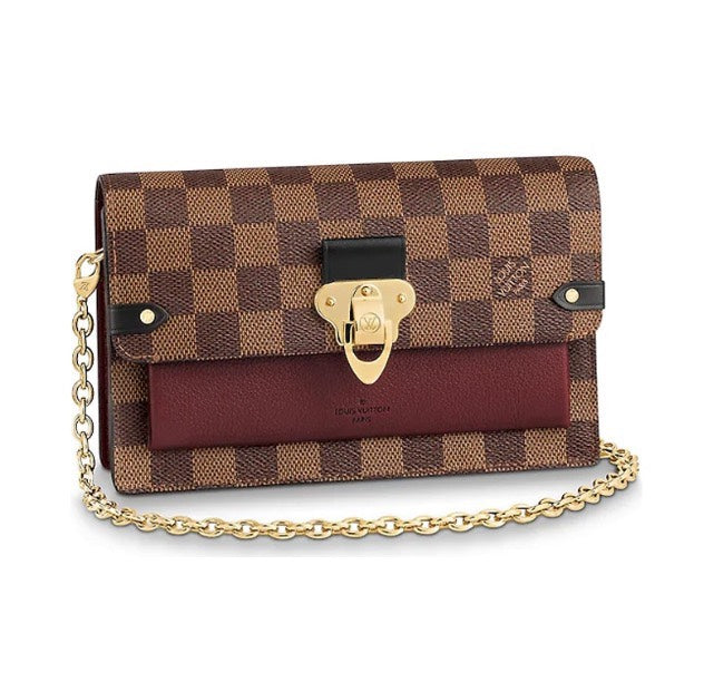 Louis Vuitton Vavin Chain Wallet Damier Ebene Canvas Burgundy Leather