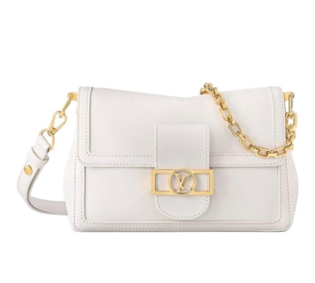Louis Vuitton White Leather Dauphine Bag with Gold Hardware