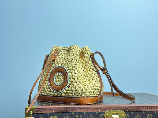 Women's Woven Bucket Bag with Leather Trim and Adjustable Strap