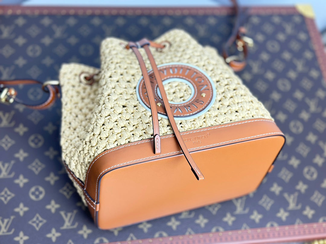 Women's Woven Bucket Bag with Leather Trim and Adjustable Strap