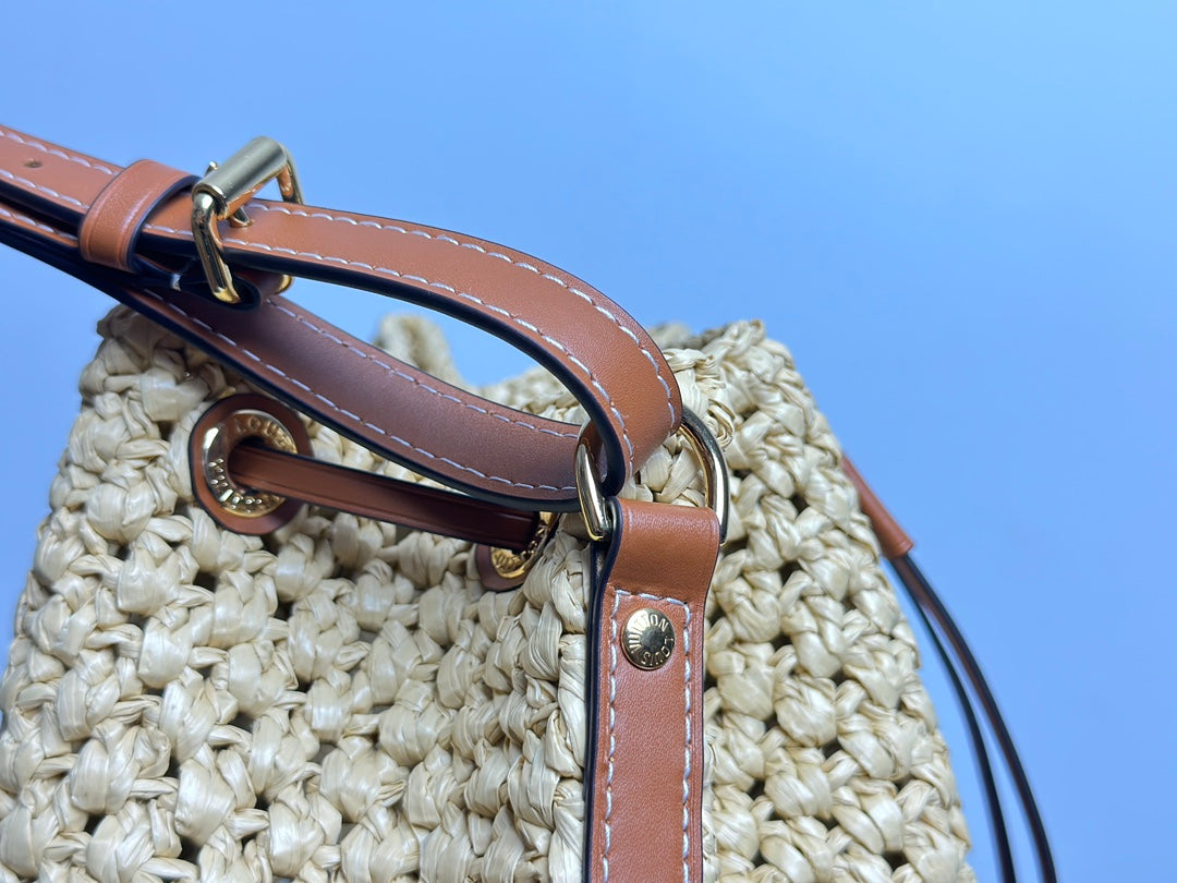 Women's Woven Bucket Bag with Leather Trim and Adjustable Strap