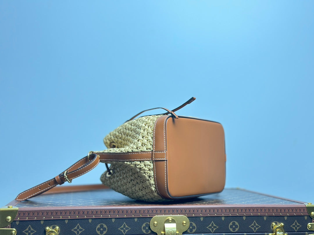 Women's Woven Bucket Bag with Leather Trim and Adjustable Strap