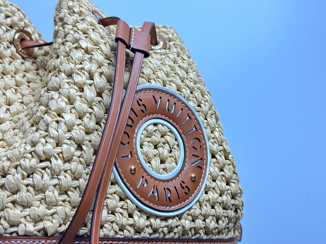 Women's Woven Bucket Bag with Leather Trim and Adjustable Strap