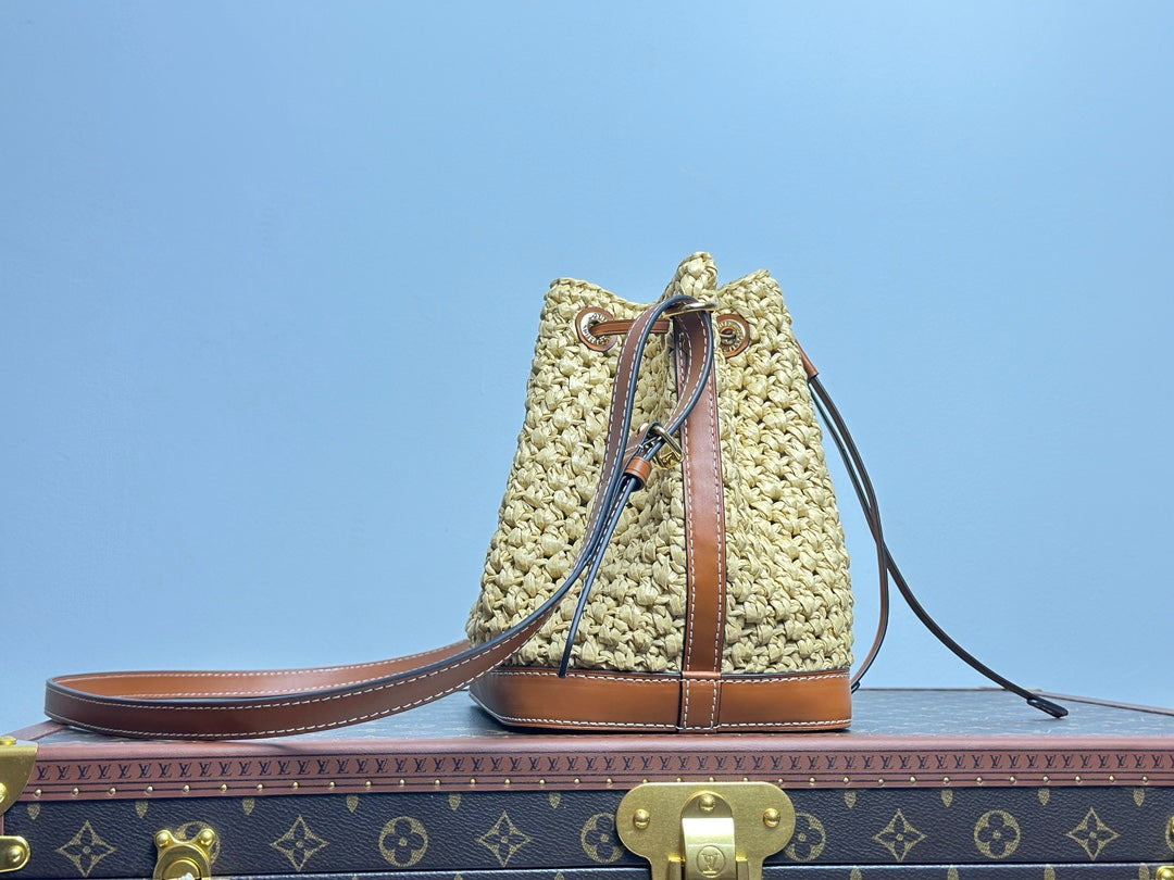Women's Woven Bucket Bag with Leather Trim and Adjustable Strap