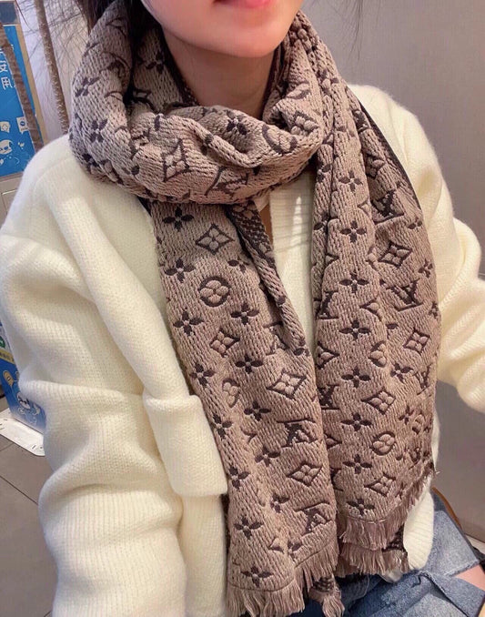 Women's Monogram Print Pashmina Scarf - Warm Beige Winter Shawl with Fringed Edges