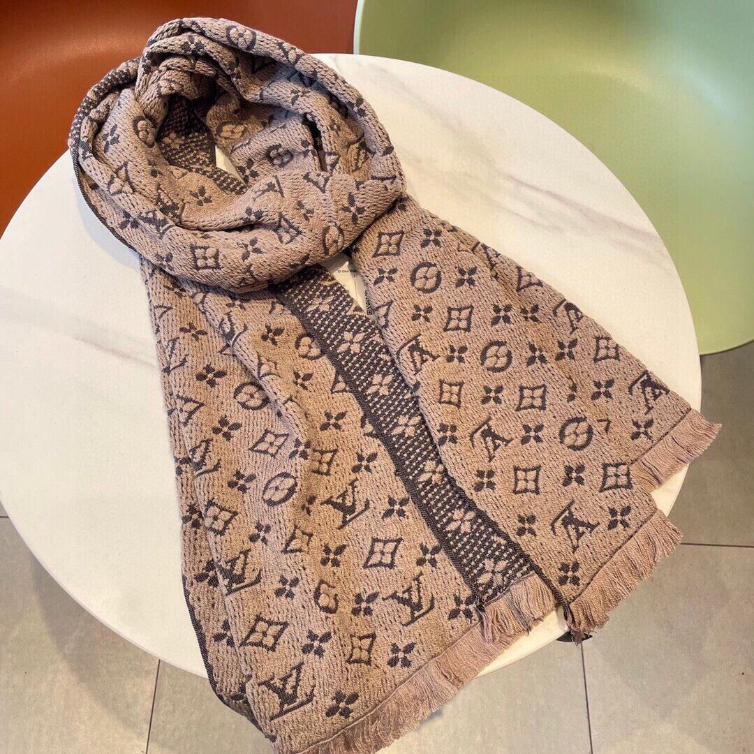 Women's Monogram Print Pashmina Scarf - Warm Beige Winter Shawl with Fringed Edges