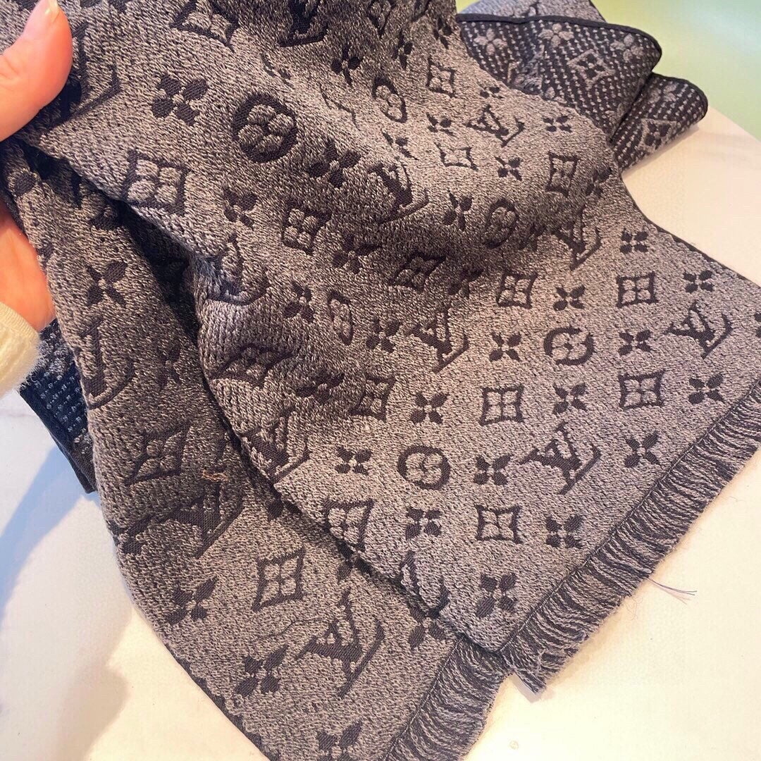 Grey Monogram Print Scarf for Women - Warm Fashion Shawl with Fringe Detail - Elegant Autumn Winter Accessory