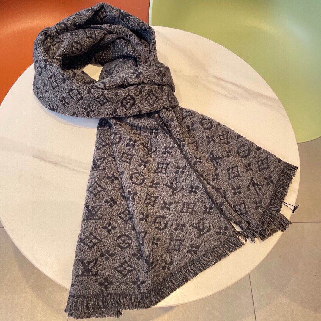 Grey Monogram Print Scarf for Women - Warm Fashion Shawl with Fringe Detail - Elegant Autumn Winter Accessory