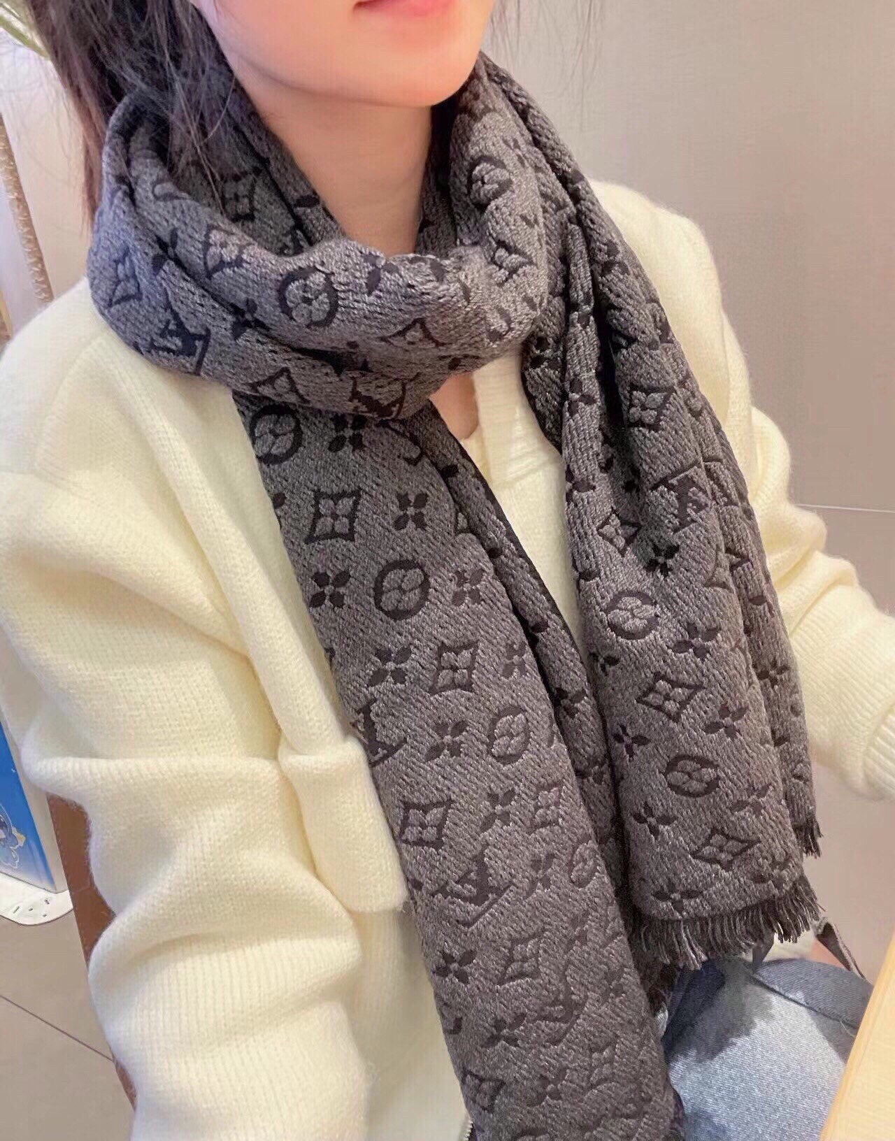 Grey Monogram Print Scarf for Women - Warm Fashion Shawl with Fringe Detail - Elegant Autumn Winter Accessory