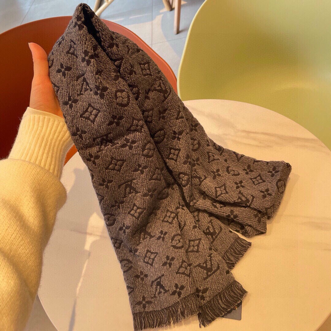 Grey Monogram Print Scarf for Women - Warm Fashion Shawl with Fringe Detail - Elegant Autumn Winter Accessory