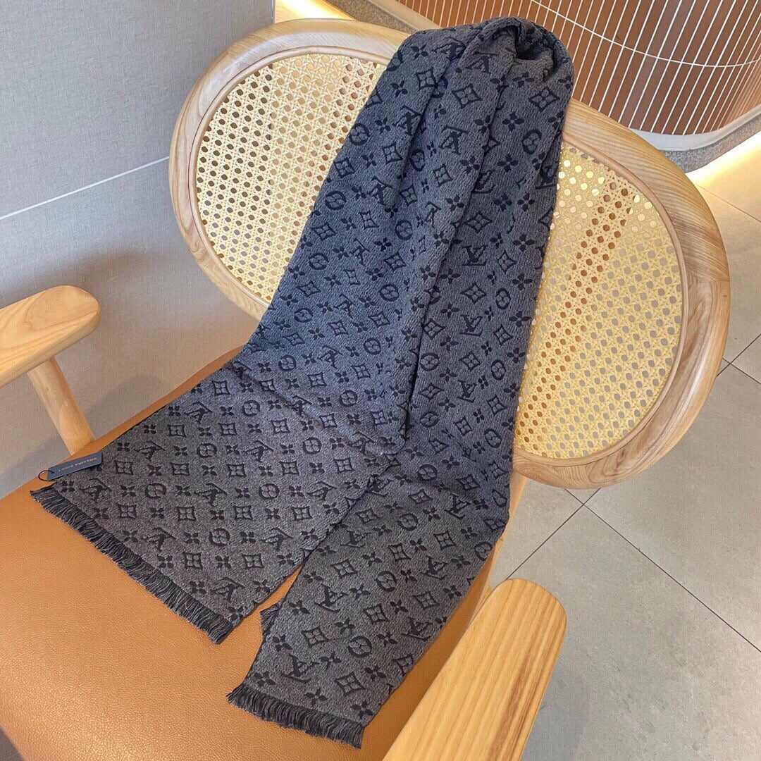 Grey Monogram Print Scarf for Women - Warm Fashion Shawl with Fringe Detail - Elegant Autumn Winter Accessory