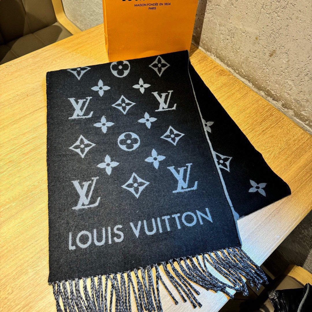 Louis Vuitton Monogram Logomania Scarf - Black and Grey Wool Blend Winter Wrap with Fringe Edges