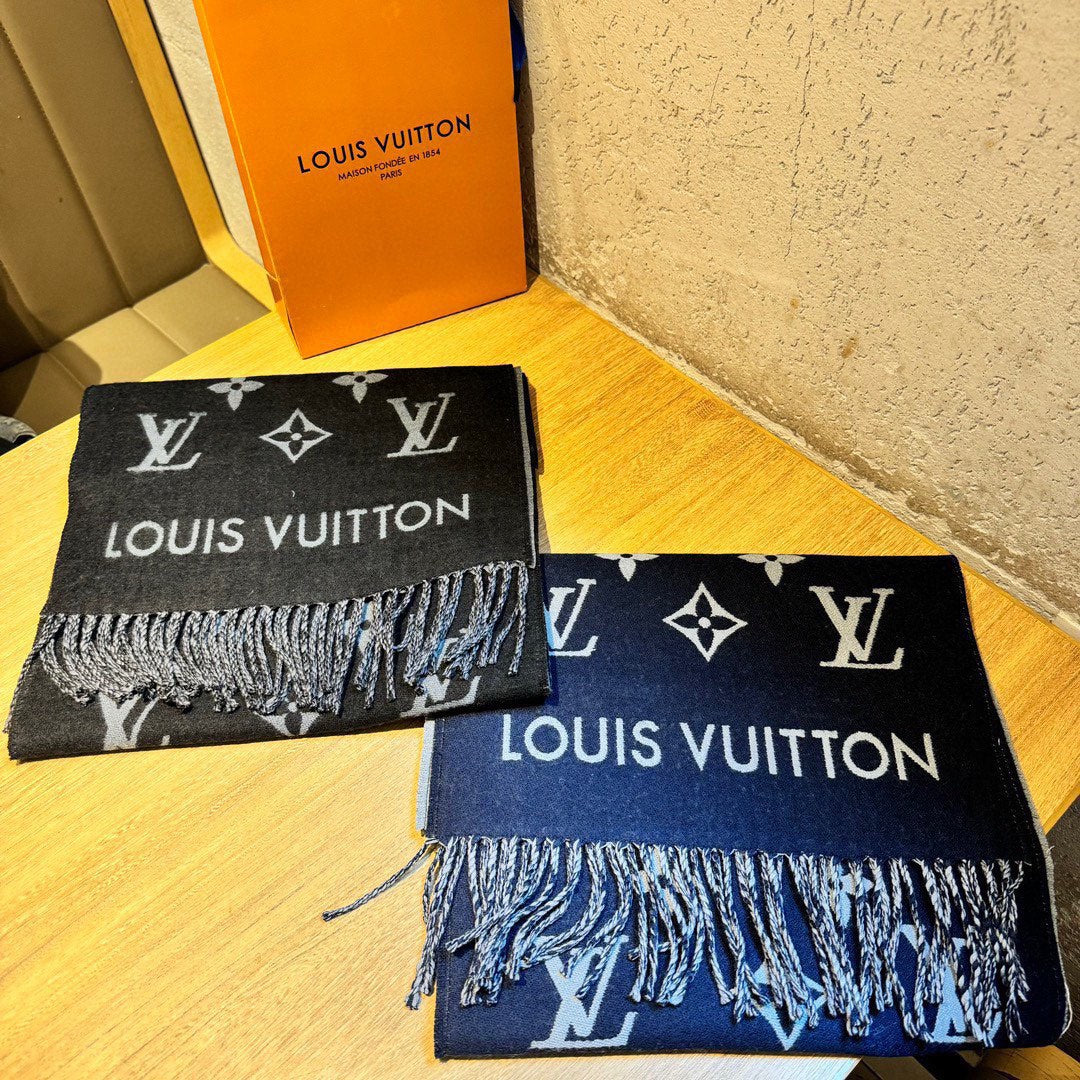 Louis Vuitton Monogram Logomania Scarf - Black and Grey Wool Blend Winter Wrap with Fringe Edges