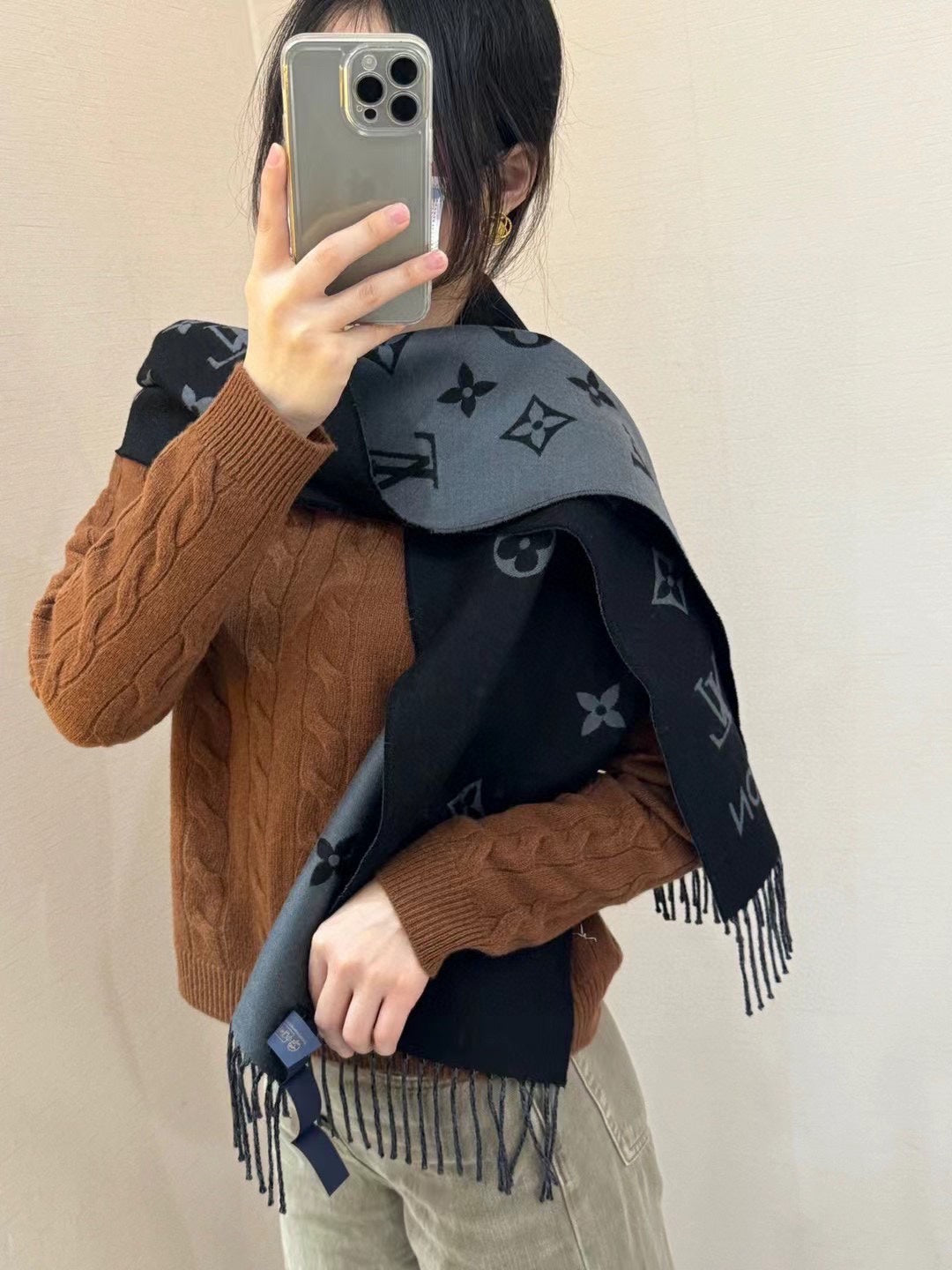 Louis Vuitton Monogram Logomania Scarf - Black and Grey Wool Blend Winter Wrap with Fringe Edges