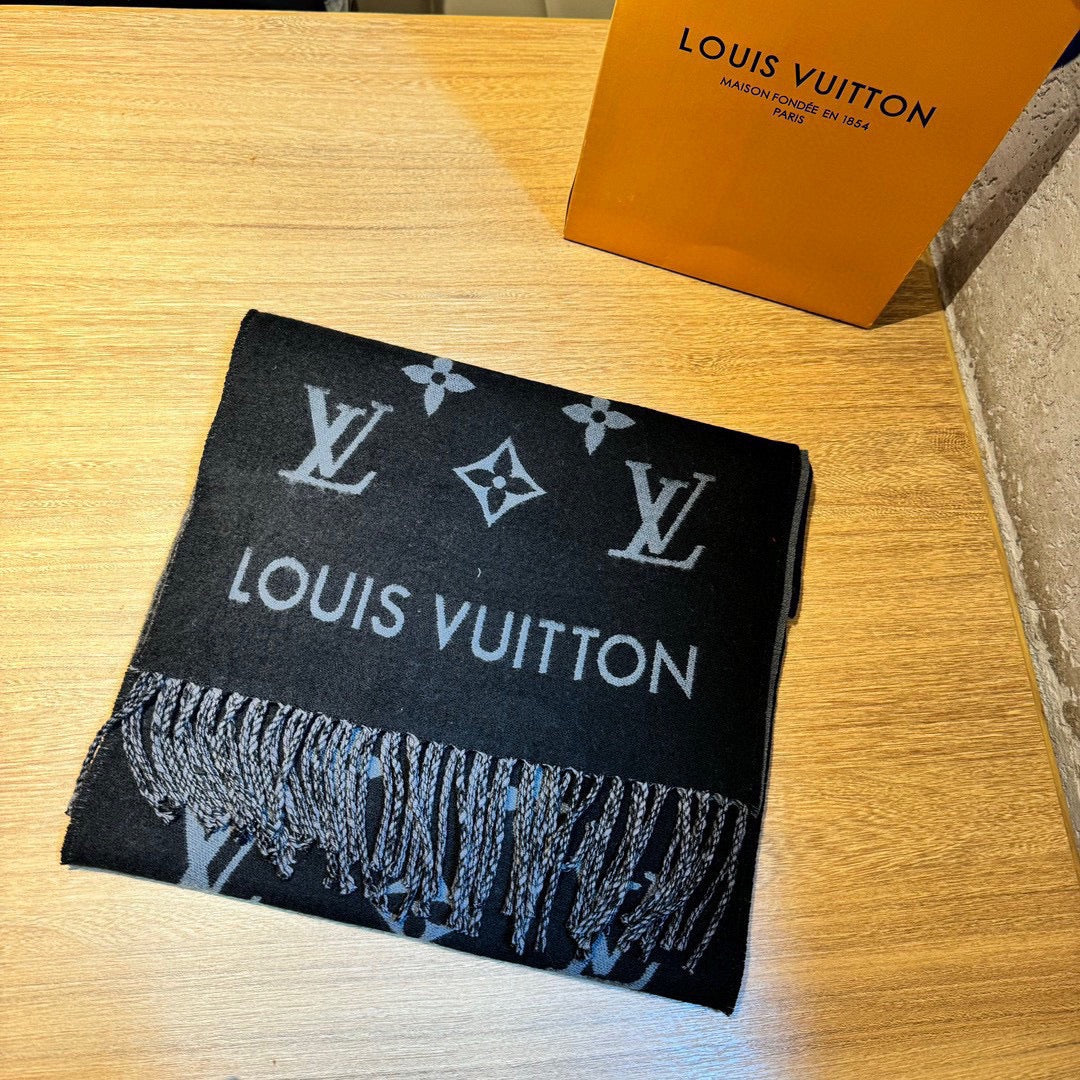 Louis Vuitton Monogram Logomania Scarf - Black and Grey Wool Blend Winter Wrap with Fringe Edges