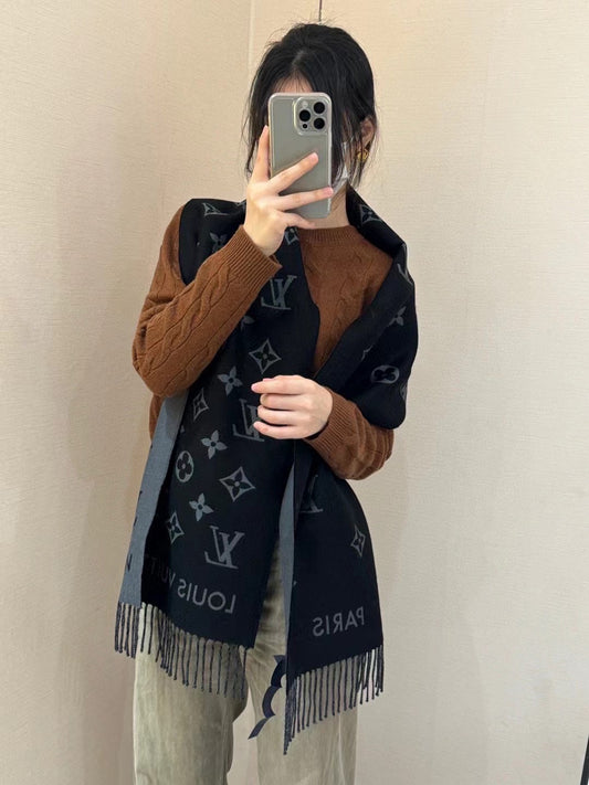 Louis Vuitton Monogram Logomania Scarf - Black and Grey Wool Blend Winter Wrap with Fringe Edges