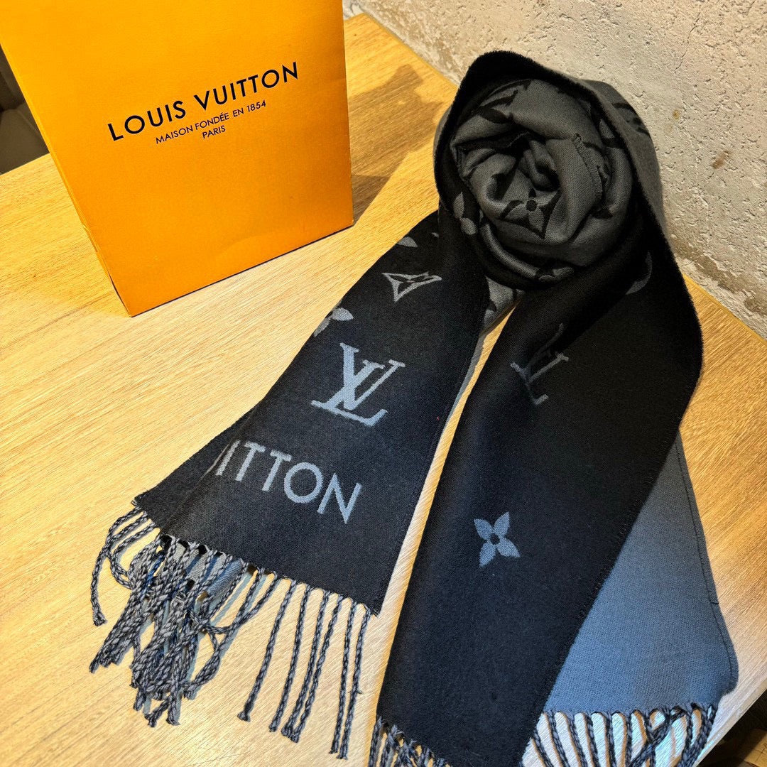 Louis Vuitton Monogram Logomania Scarf - Black and Grey Wool Blend Winter Wrap with Fringe Edges