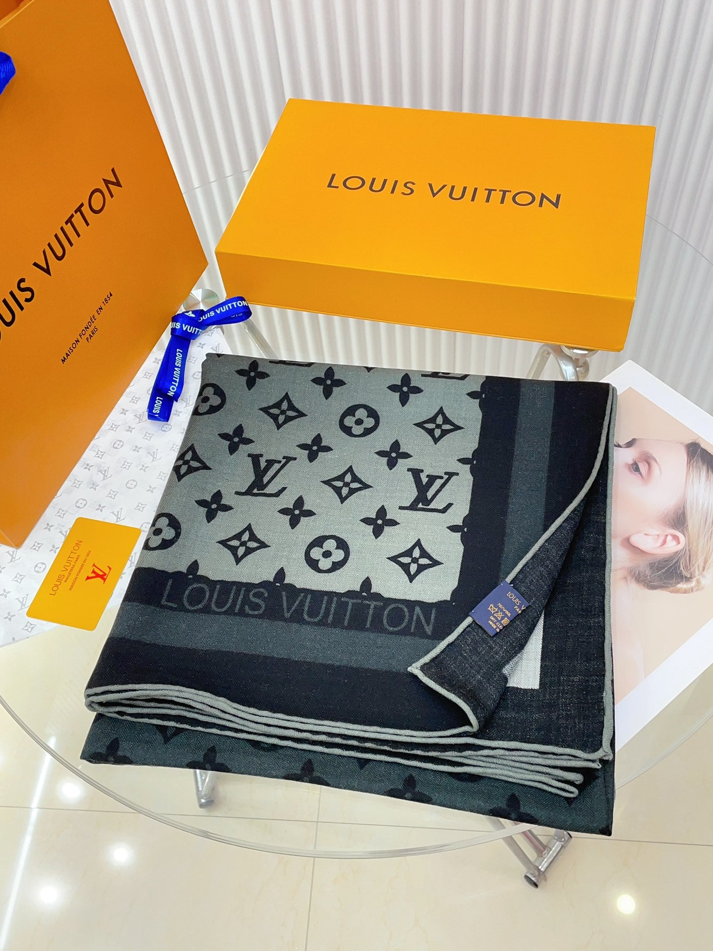 Women's Luxury Monogram Print Large Scarf - Grey and Black Oversized Shawl Wrap Fashion Accessory
