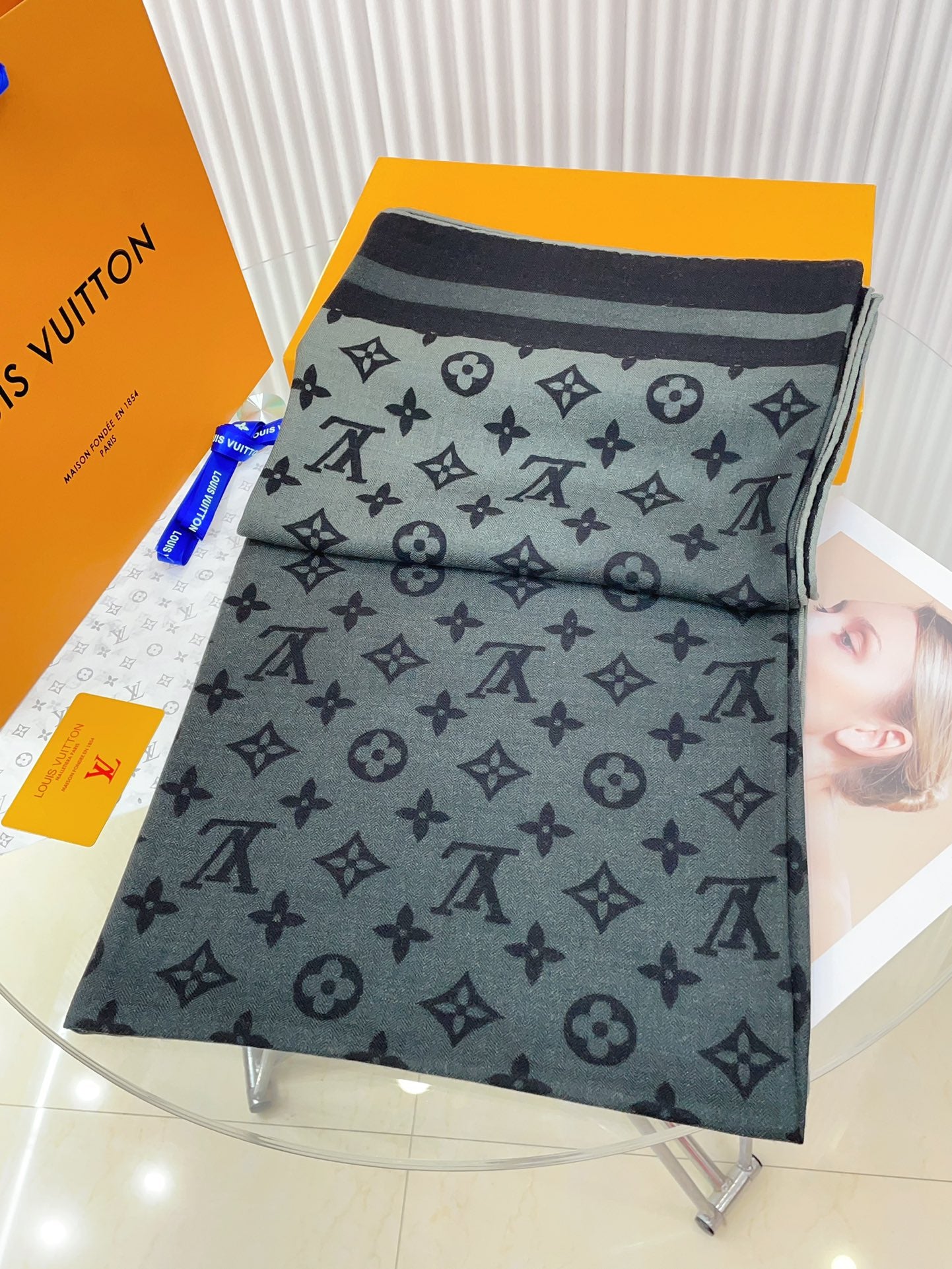 Women's Luxury Monogram Print Large Scarf - Grey and Black Oversized Shawl Wrap Fashion Accessory
